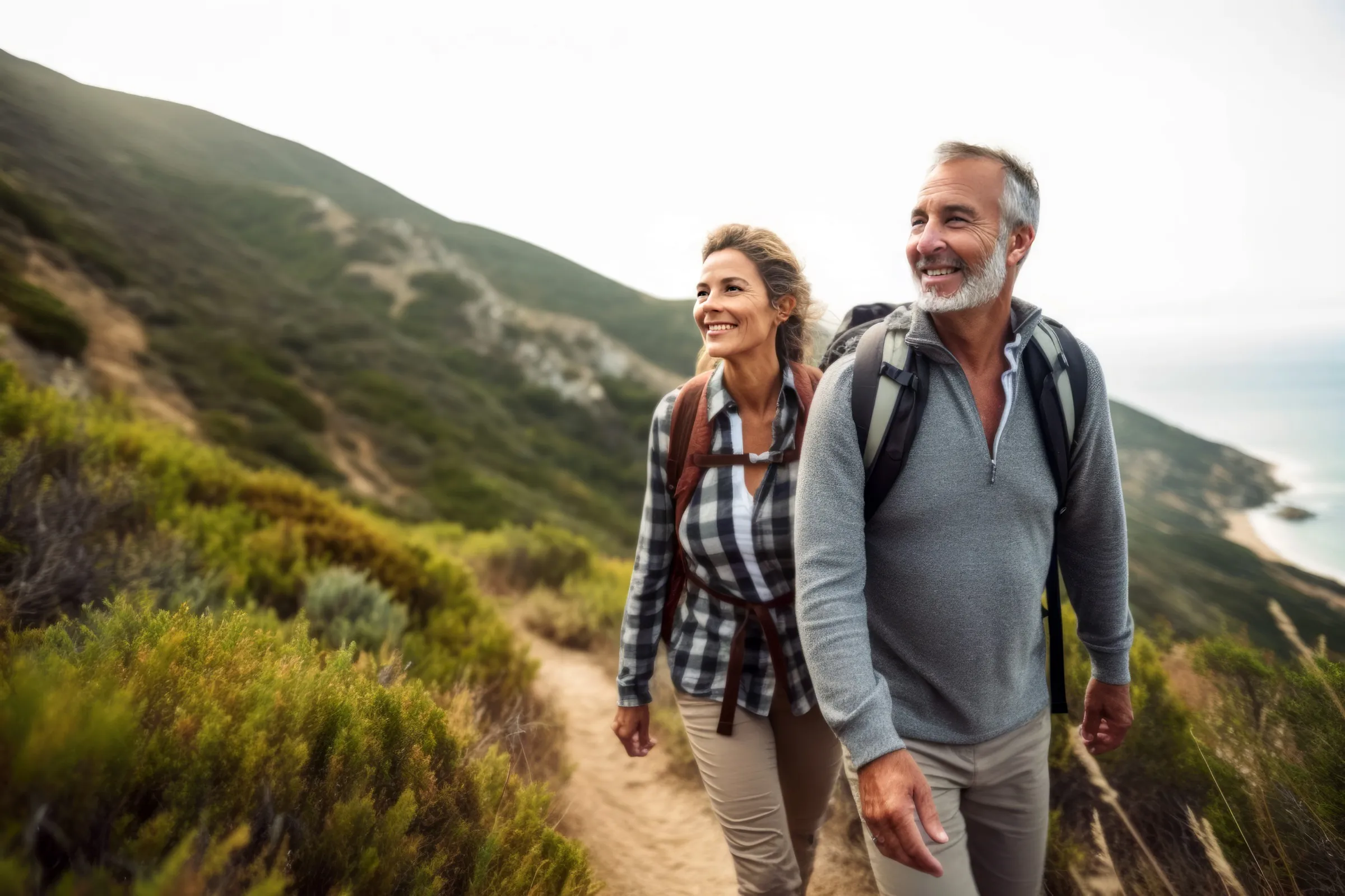 A couple walking a wooded trail in the morning