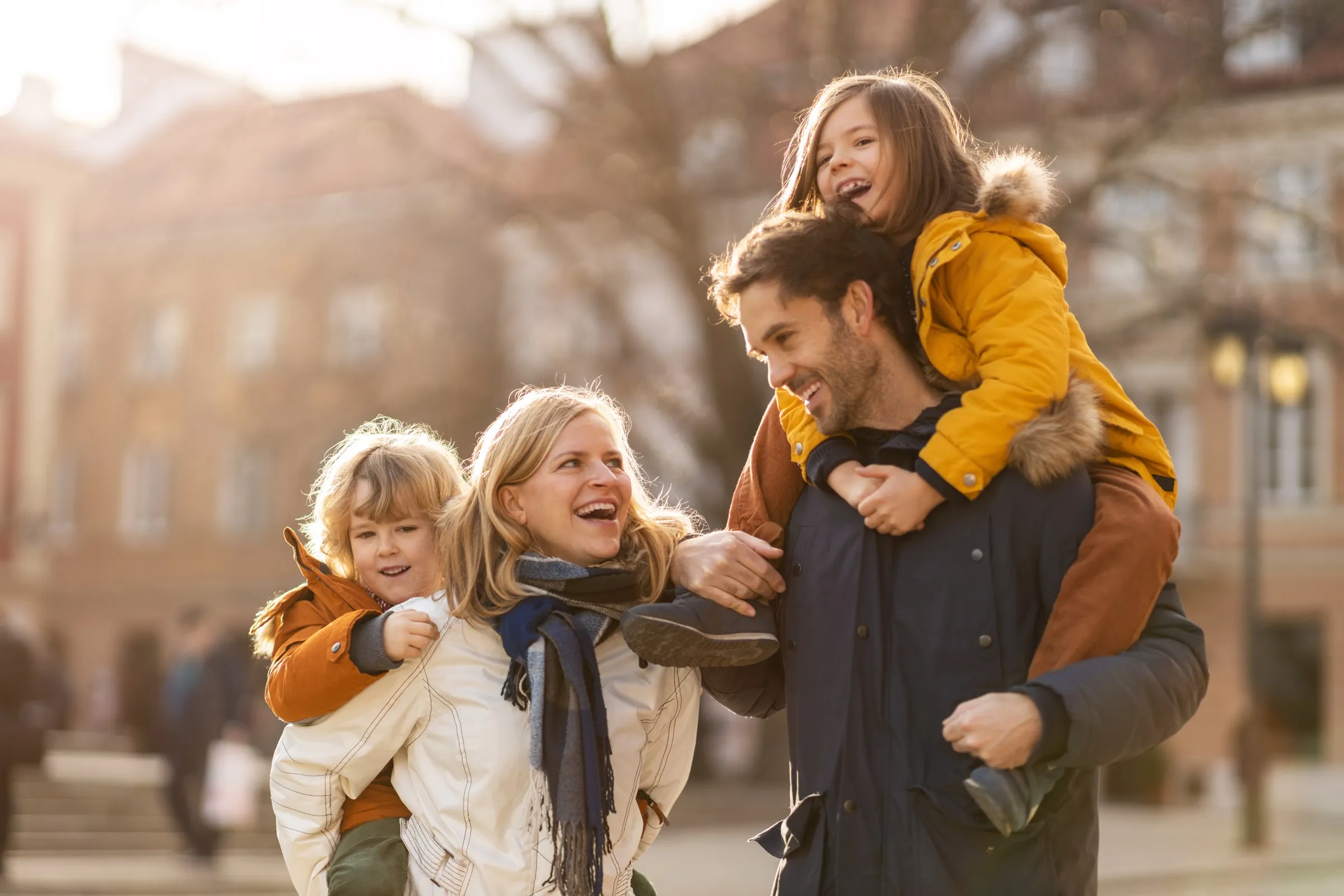 A young family out together in the city